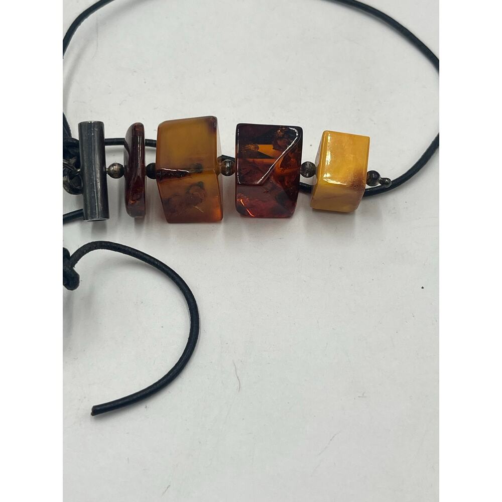 Sterling Silver Vintage Cube Modernist Triple Amber Pendant Black Chord Necklace - Picture 13 of 16